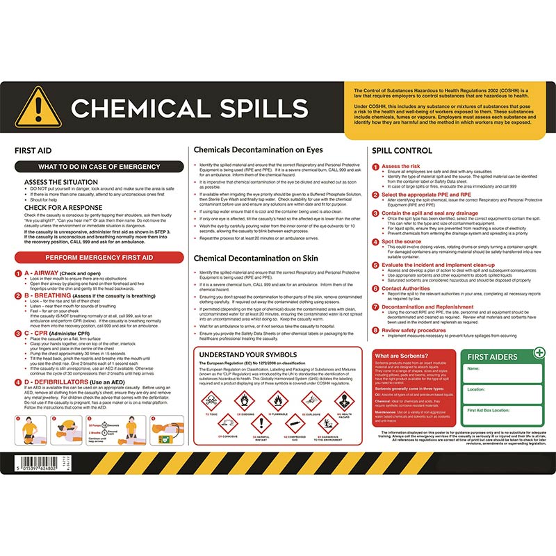 Chemical Spills Poster - 420 x 594mm - Self-Adhesive Semi-Rigid PVC Board