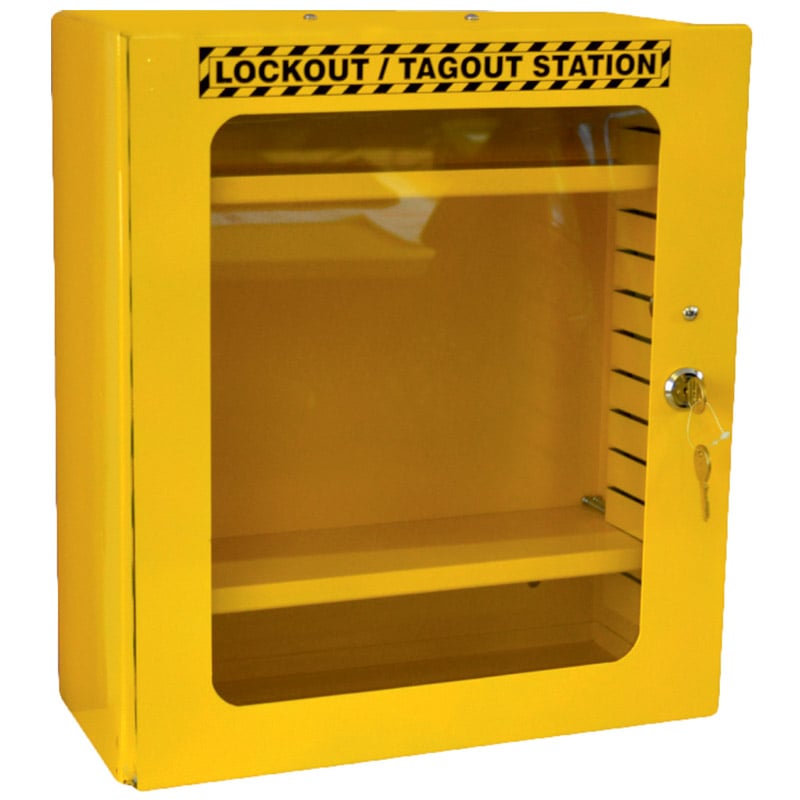 Yellow Cabinet with Clear Door Lockout Tagout Station - 400 x 360 x 155mm