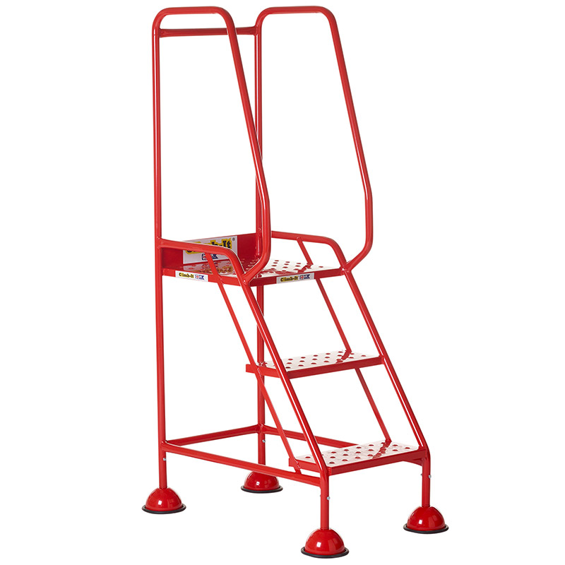 Climb-It 3 Tread Domed Feet Safety Steps - Punched Metal Treads - 1420 x 550 x 820mm - Red