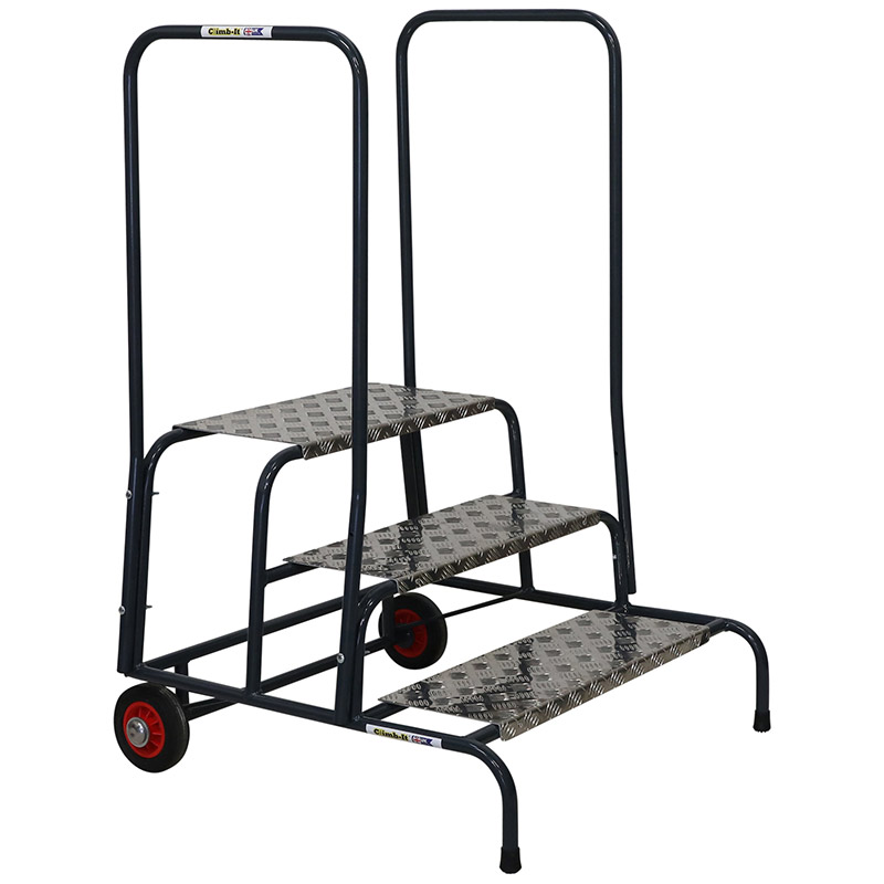 Climb-It 3 Tread Wide Work Steps with Wheels & Dual Handrails - 600mm High Platform - 600 x 840 x 890mm