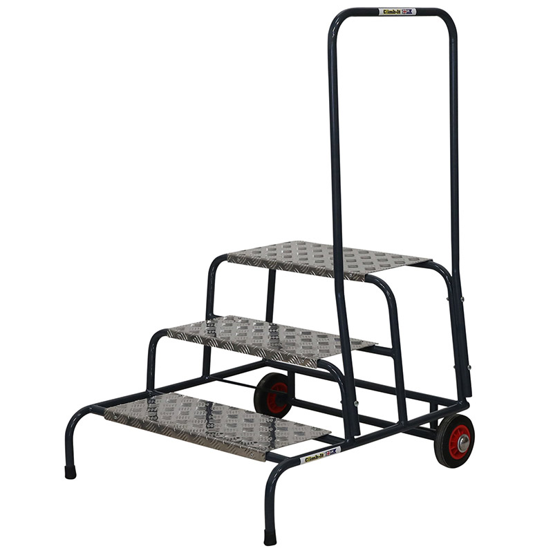 Climb-It 3 Tread Wide Work Steps with Wheels & Handrail - 600mm High Platform - 600 x 840 x 890mm