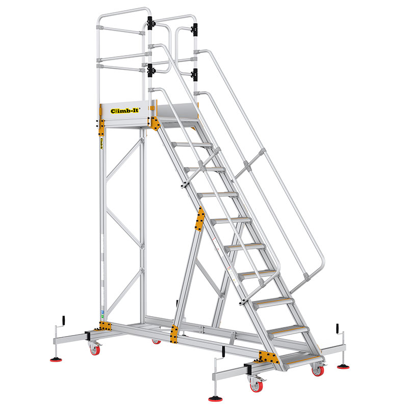 Climb-It 10-Tread Extra Large Platform Aluminium Safety Steps with Adjustable Stabilisers - 2250mm platform height