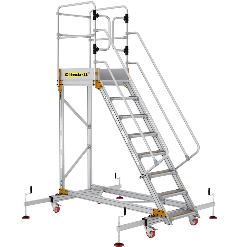 Climb-It 8-Tread Extra Large Platform Aluminium Safety Steps with Adjustable Stabilisers - 2000mm platform height