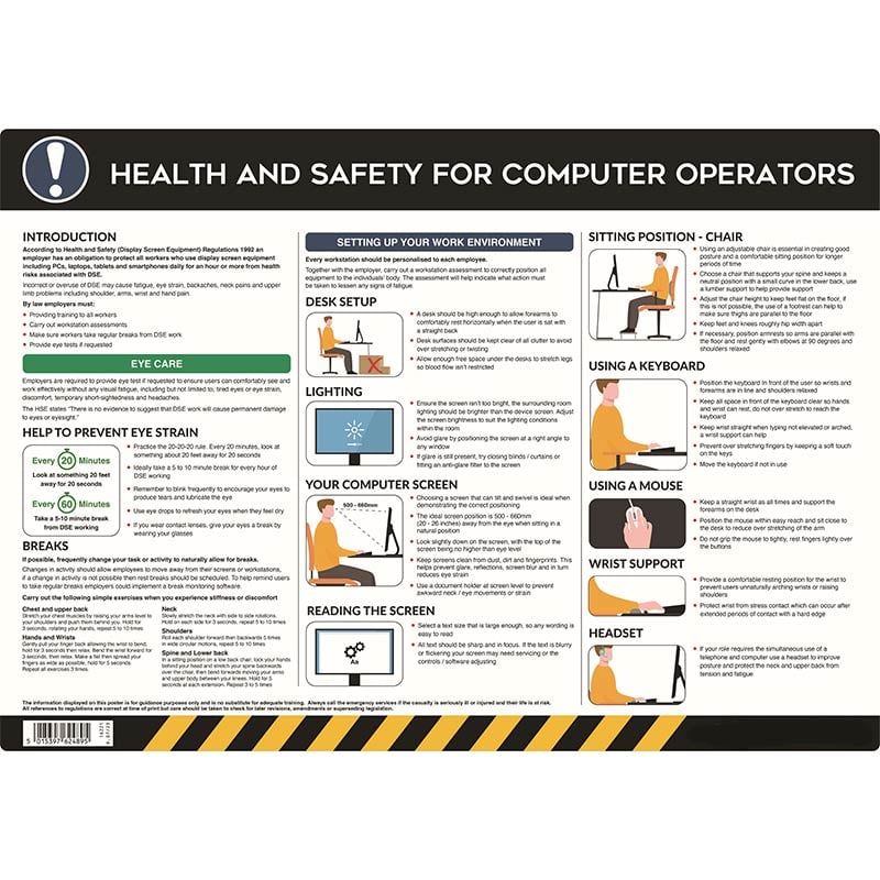 Computer Operators Safety Poster - 420 x 594mm - Self-Adhesive Semi-Rigid PVC Board