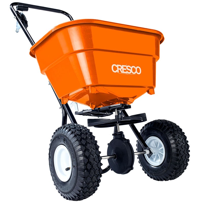 Cresco 36kg Spreader for All Seasons - 1.5-3m spread width - Orange hopper - Pneumatic wheels 