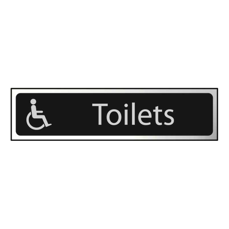 Toilets with Disabled Wheelchair Graphic Sign - Polished Chrome & Black Effect Laminate with Self-Adhesive Backing - 200 x 50mm