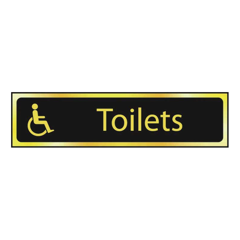 Toilets with Wheelchair Graphic Sign - Gold & Black Self-Adhesive  Laminate - 200 x 50mm