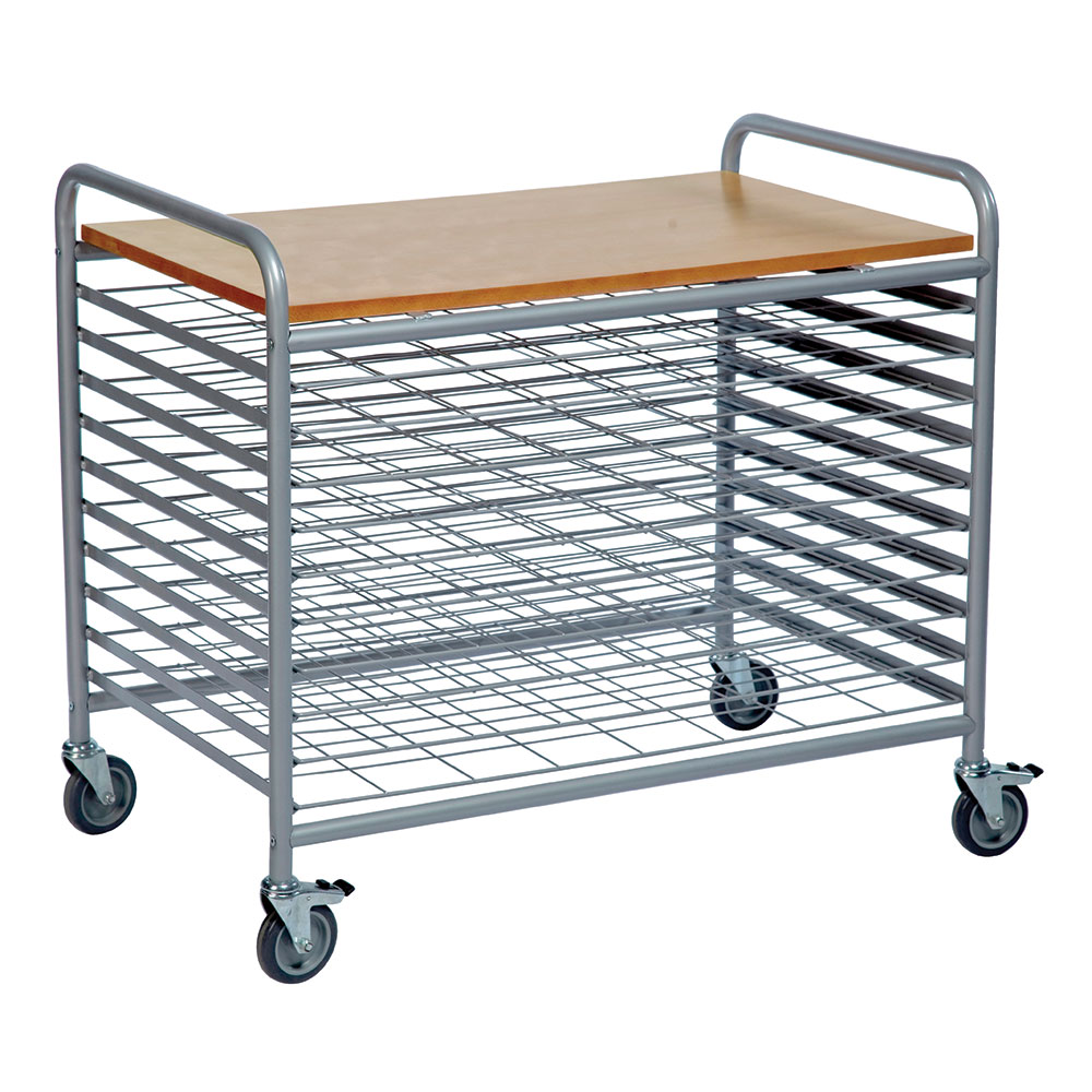 10 Level Art Drying Trolley - 45mm between shelves - Grey powder coated frame with beech laminate top