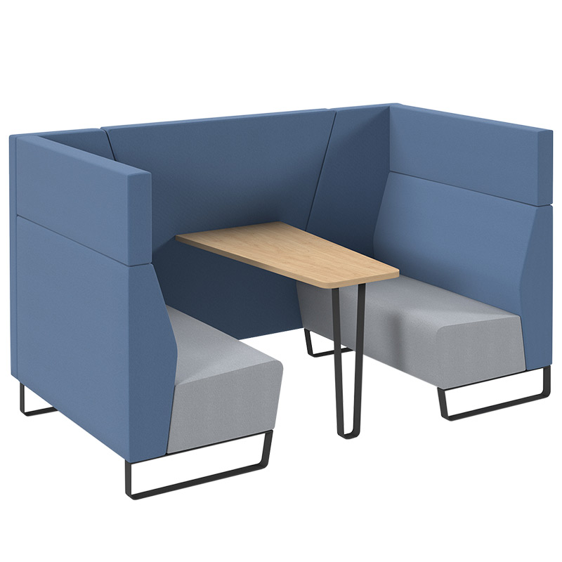 Encore Soft Seating Meeting Booth - Late Grey & Range Blue with Kendal Oak Table - 1270 x 2250 x 1295mm