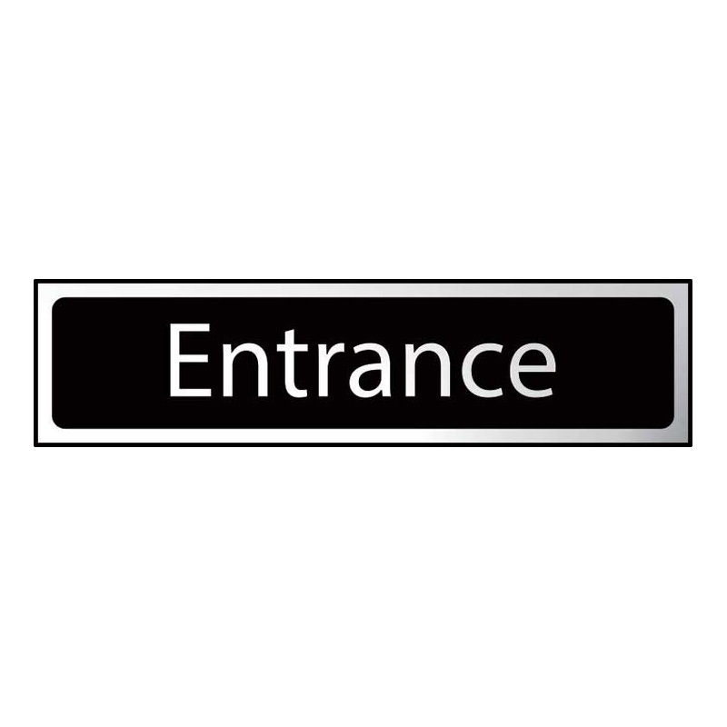 Entrance Sign - Polished Chrome & Black Effect Laminate with Self-Adhesive Backing - 50 x 200mm