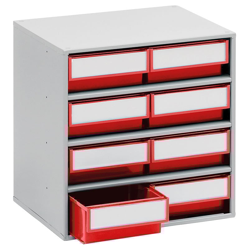 Small Parts Bin Cabinet - 395 x 400 x 300mm with 8 Red Bins - 82 x 186 x 300mm