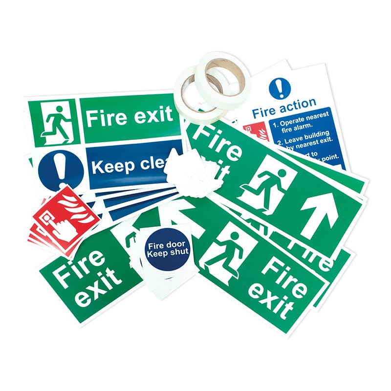 Pack of 41 rigid PVC Photoluminescent Fire Exit signs & 2 x 10m Rolls of Tape