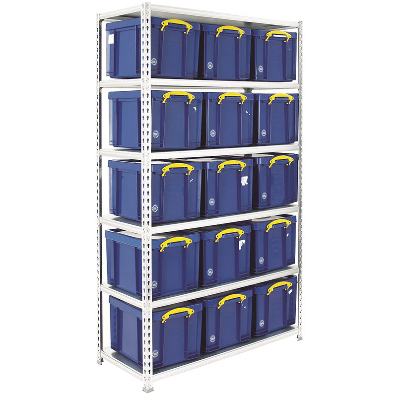 Boltless Galvanised Shelving Unit with 15 Blue Storage Boxes