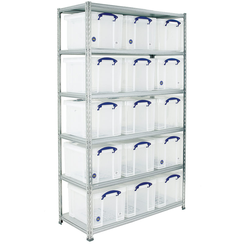Boltless Galvanised Shelving Unit with 15 Clear Storage Boxes