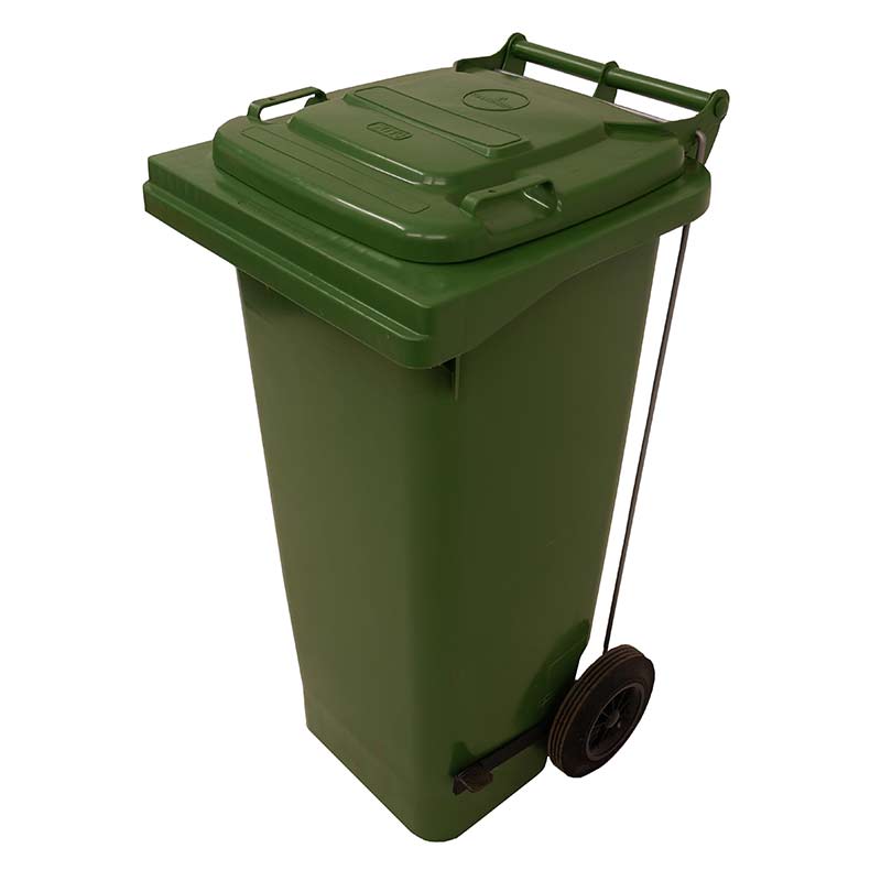 120L Pedal Operated Green Wheelie Bin - conforms to RAL, DIN, AFNOR and draft CEN standards