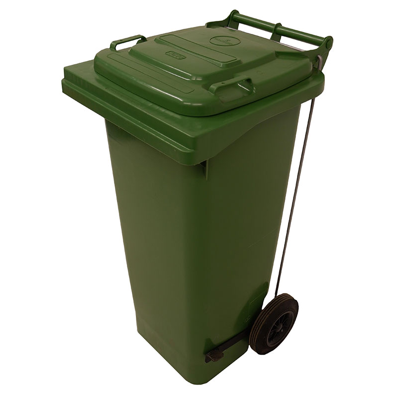 80L Pedal Operated Green Wheelie Bin - conforms to RAL, DIN, AFNOR and draft CEN standards