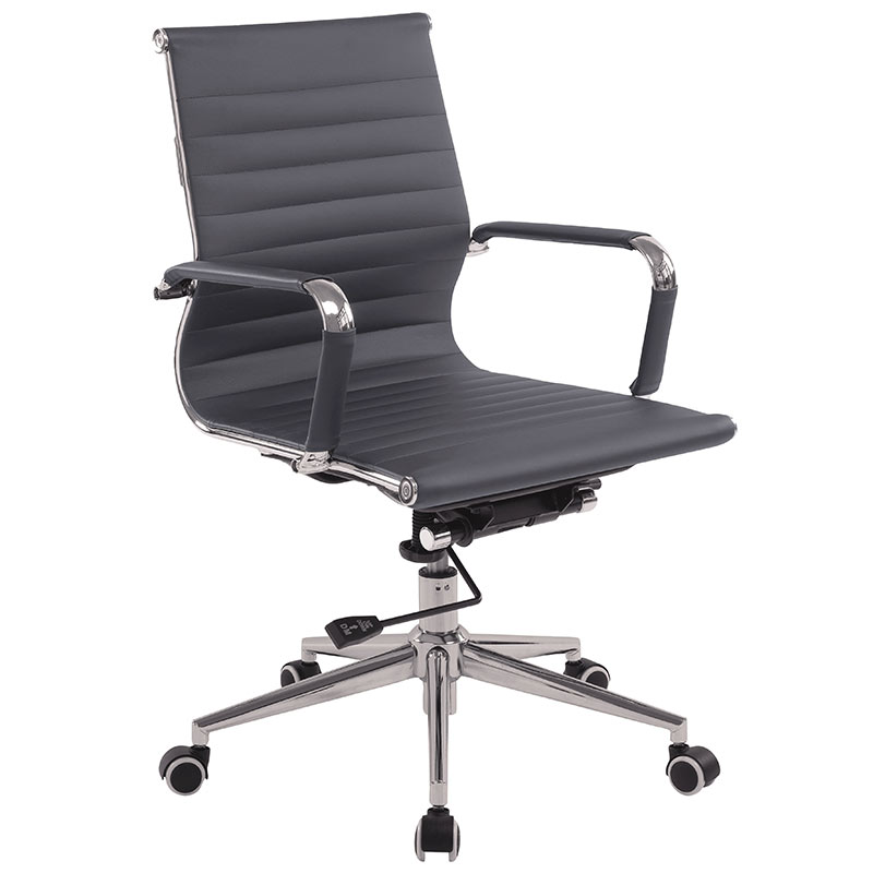 Heavy-Duty Bonded Grey Leather Executive Office Chair with 460mm Back & Polished Chrome Swivel Base with Castors