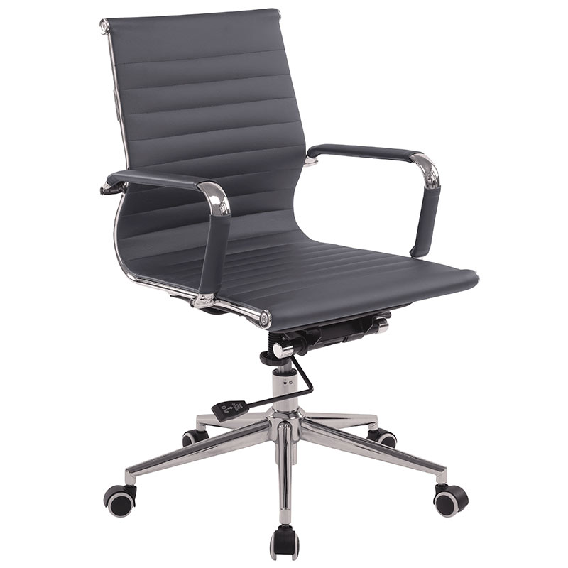 Classic Grey Leather Executive Office Chair - 460mm Back & Polished Chrome Swivel Base with Castors