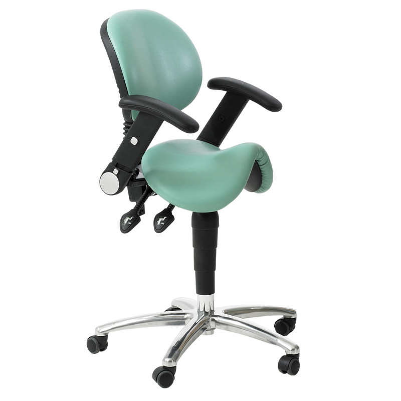 Height adjustable Saddle Stool with seat tilt, back rest and arms - upholstered