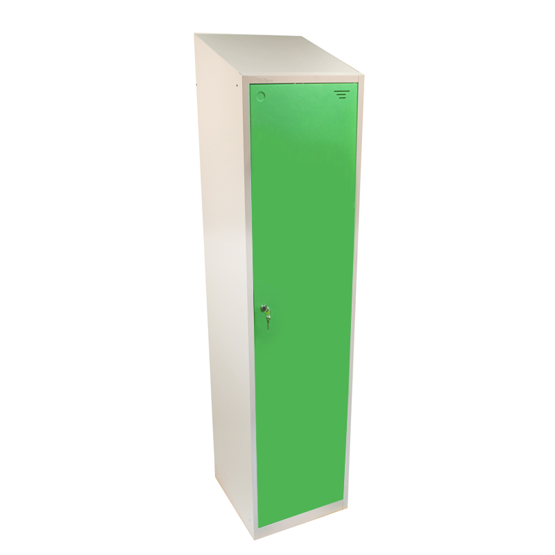 Single Door Hero Metal Locker with Sloping Top, Green Doors, 1950H x 300W x 300D