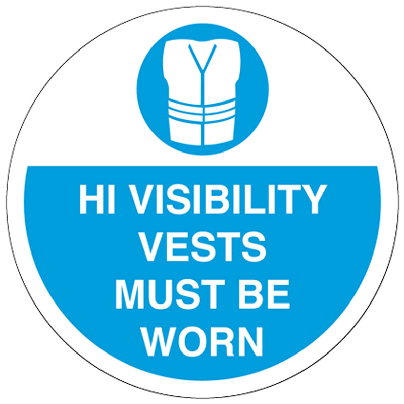 Hi-visibility Vests Must Be Worn - Graphic Floor Marker Sign - Blue & White