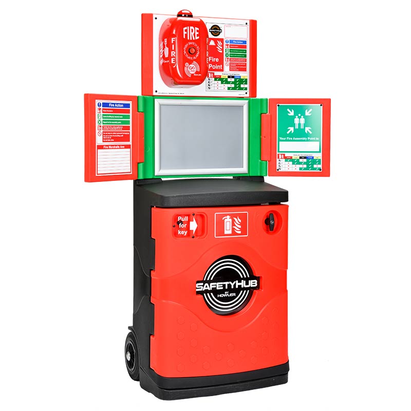 Safetyhub Fire Post Lockable Extinguisher Cabinet, A3 Snap Frame, Noticeboard and 2 Red Wing Noticeboards