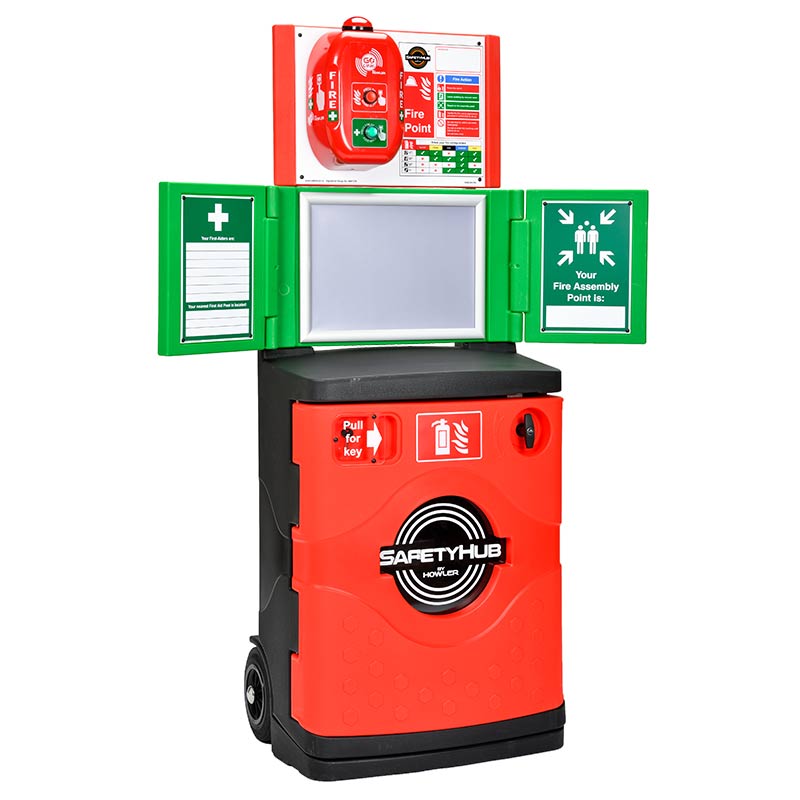 SafetyHub Fire Post Lockable Extinguisher Cabinet, A3 Snap Frame, Noticeboard and 2 Green Wing Noticeboards