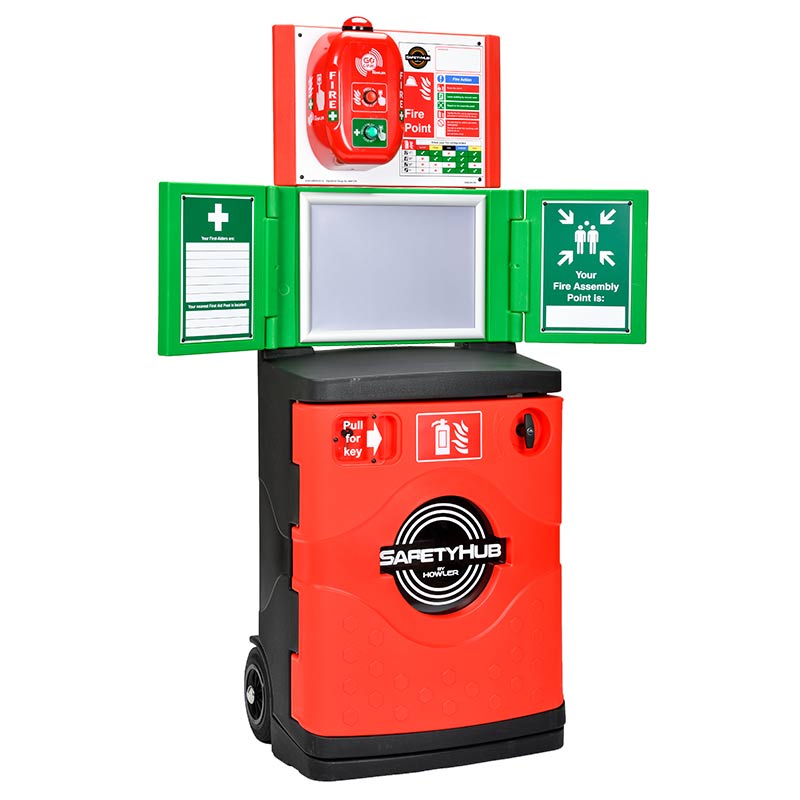 SafetyHub Fire Post Lockable Extinguisher Cabinet, A3 Snap Frame, Noticeboard & 2 Green Wing Boards