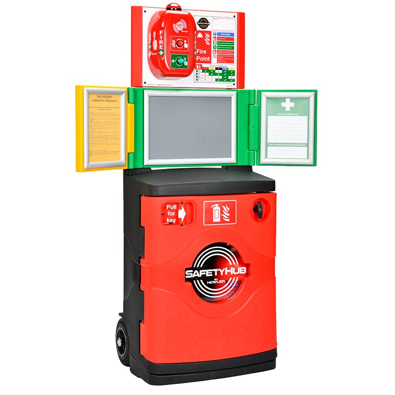 SafetyHub Fire Post Lockable Extinguisher Cabinet, A3 snap frame, 2 wing noticeboards (1 green & 1 yellow)