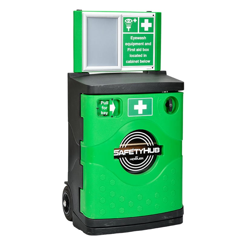 SafetyHub Safepost, Green Lockable First Aid Cabinet & Noticeboard