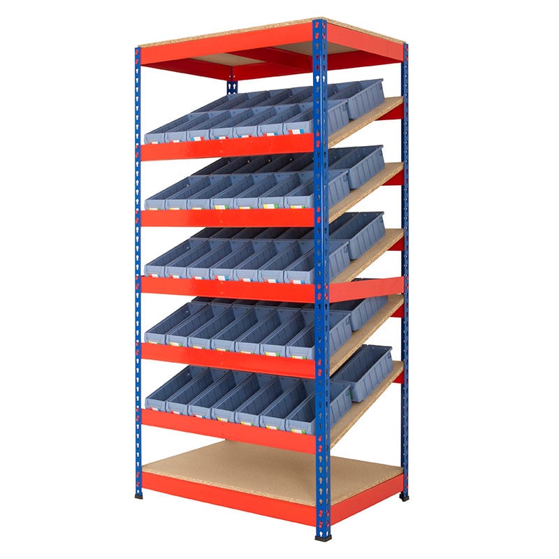 Rivet Racking Kanban Shelving with 60 Shelf Trays, Blue Uprights & Orange Shelves