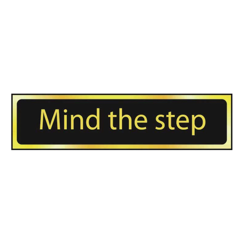 Mind The Step Sign - Polished Gold & Black Effect Laminate with Self-Adhesive Backing - 200 x 50mm