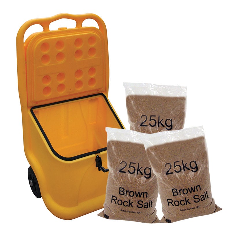 75L mobile yellow grit bin with 3 x 25kg bags of brown salt