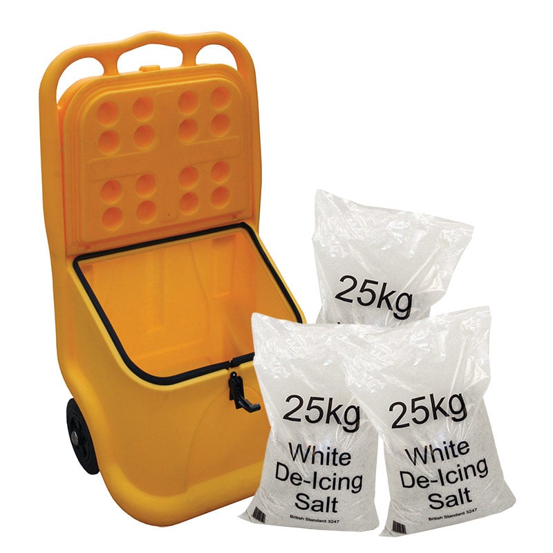 75L mobile yellow grit bin with 3 x 25kg bags of white salt