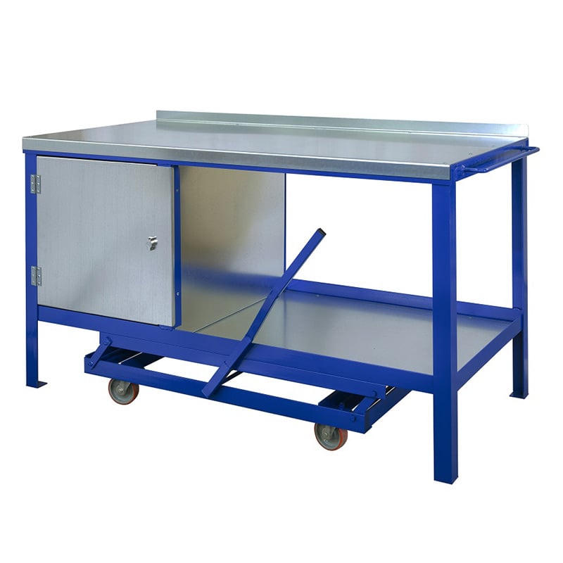 Steel-Topped Mobile Workbench with Cupboard & Bottom Shelf - 1200 x 600 x 840mm 