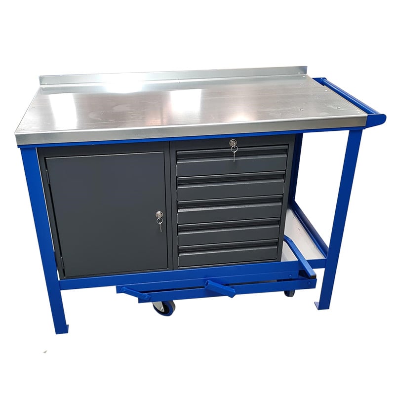 Steel-Topped Mobile workbench with Cupboard (Left Hand), 5-Drawer Unit (Right Hand) & bottom shelf - 540 x 1500 x 600mm