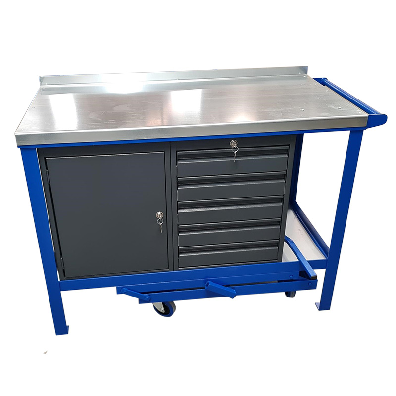 Steel-Top Mobile workbench Cupboard (LH) 5-Drawer Unit (RH) & bottom shelf - 840 x 1500 x 750mm