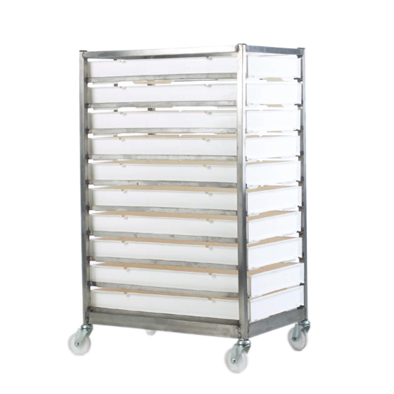Stainless Steel Mobile Tray Rack with 10 Food Grade Trays - 1240 x 570 x 800mm