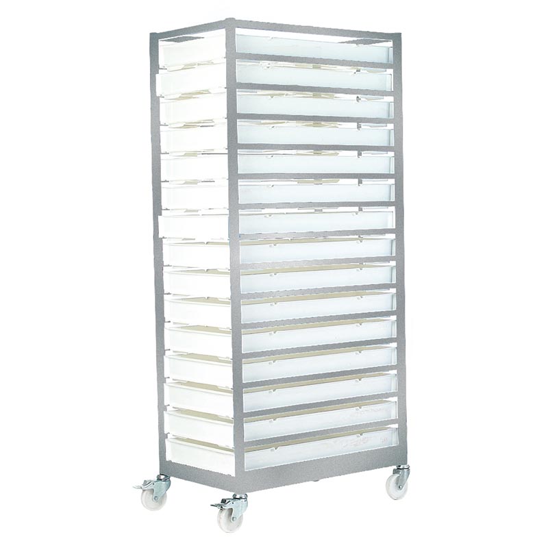 Stainless Steel Mobile Tray Rack with 15 Food Grade Trays - 1740 x 570 x 800mm