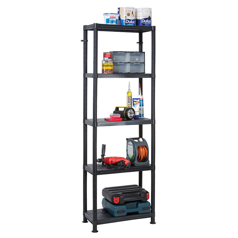 Modular Black Plastic Shelving - 5 Solid Shelves - 1840 x 600 x 300mm (H x W x D)