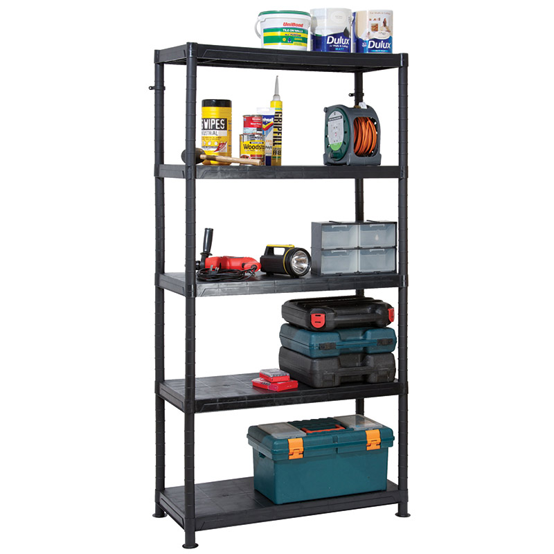 Modular Black Plastic Shelving - 5 Solid Shelves - 1840 x 900 x 400mm (H x W x D) 