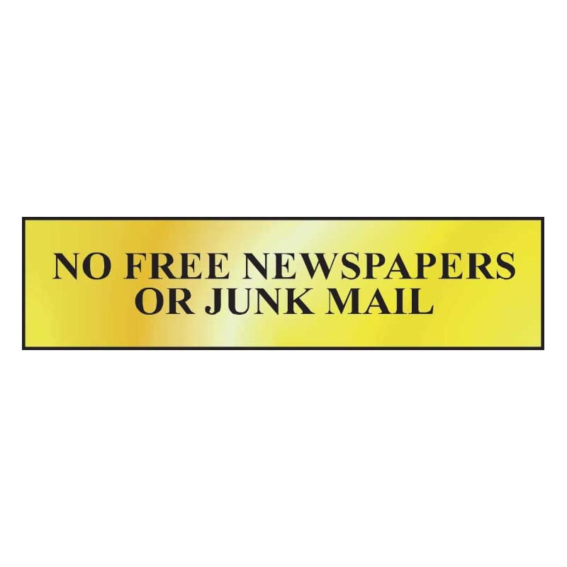 No Free Newspapers Or Junk Mail Sign - Polished Gold Effect Laminate with Self-Adhesive Backing - 200 x 50mm