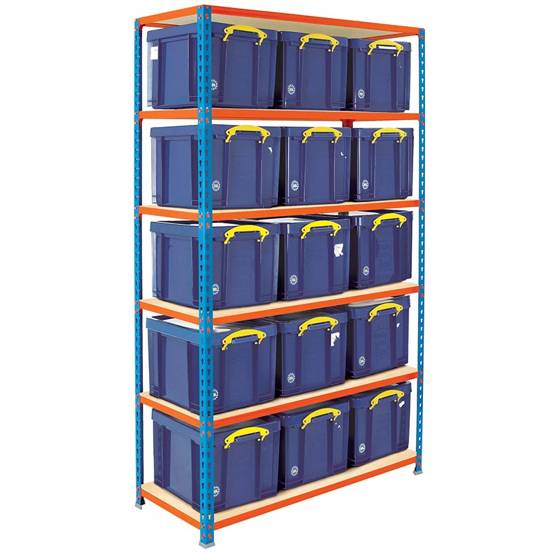 Boltless Blue Painted Shelving Unit with 15 Blue Storage Boxes