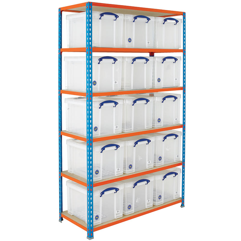 Boltless Blue Painted Shelving Unit with 15 Clear Storage Boxes