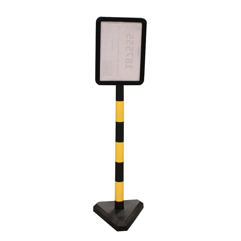 Plastic post with A4 sign holder - triangular concrete base - yellow & black