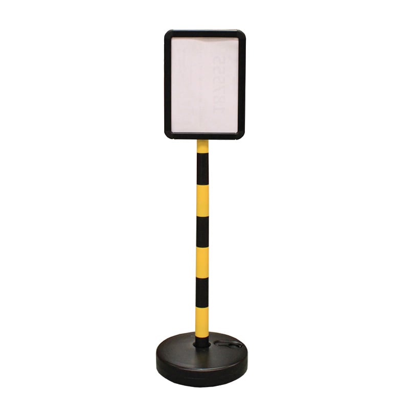 Plastic post with A4 sign holder - fillable circular base - yellow & black