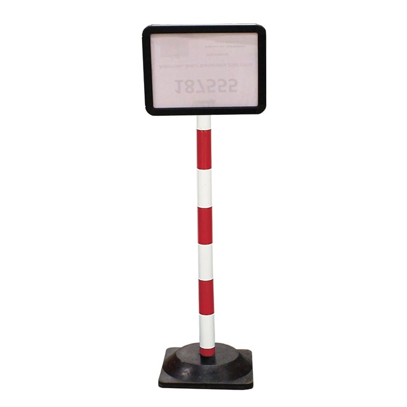 Plastic post with A4 sign holder - square rubber base - red & white