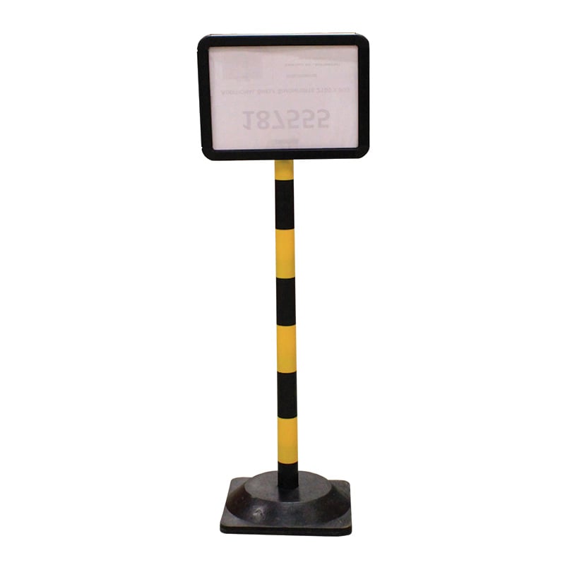 Plastic post with A4 sign holder - square rubber base - yellow & black