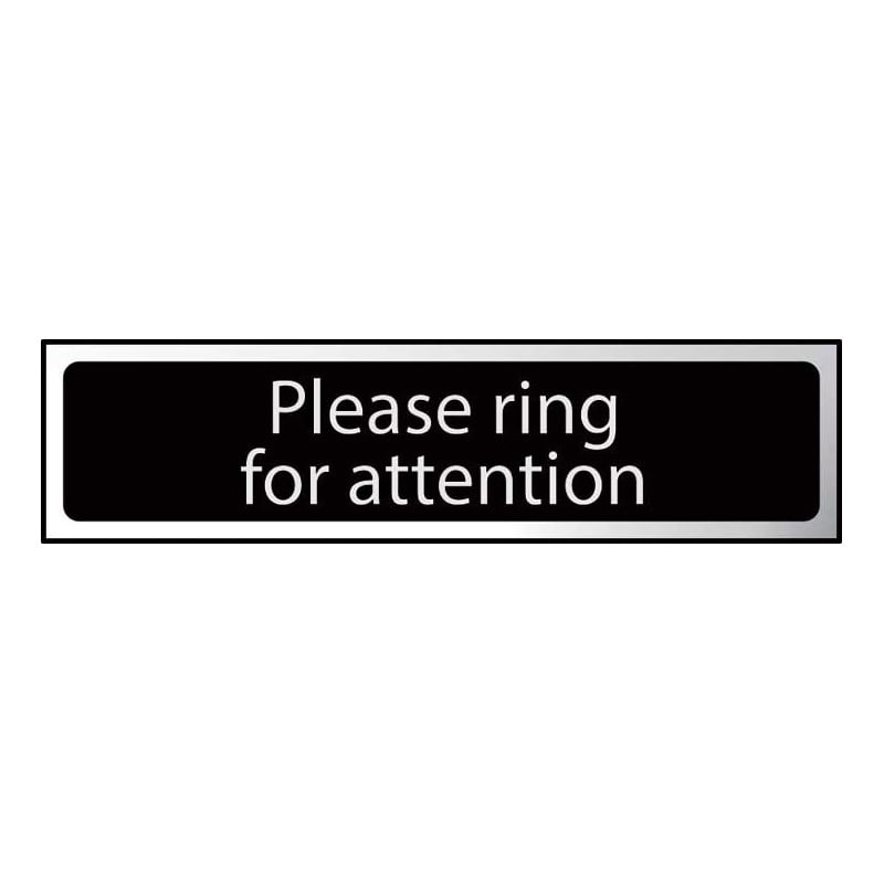 Please Ring For Attention Sign - Polished Chrome & Black Self-Adhesive Laminate - 50 x 200mm