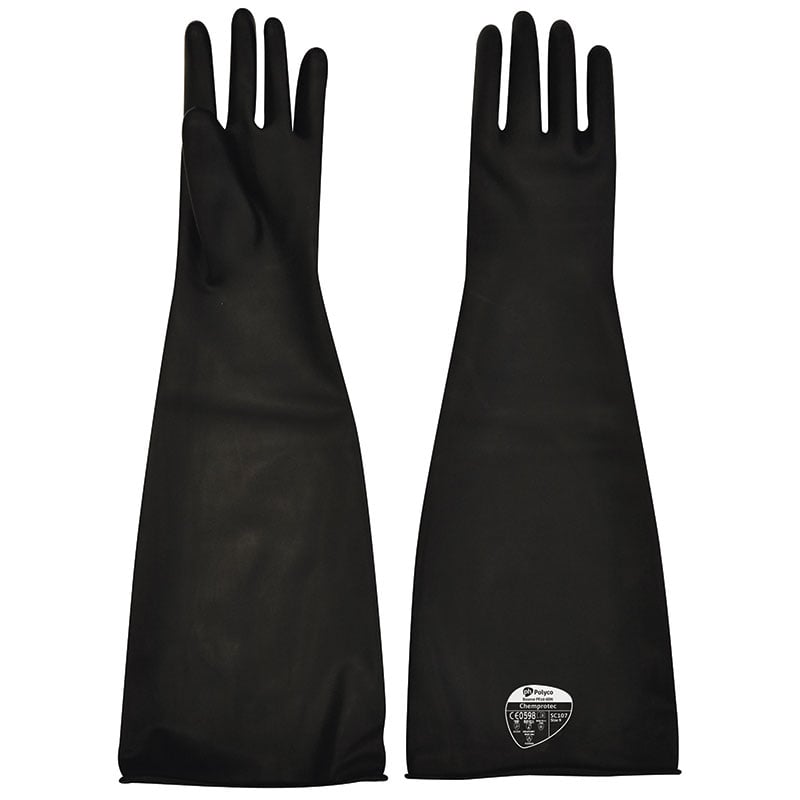 Polyco Black Chemical Resistant Rubber Gloves - Size 8 Medium - Full Arm Coverage